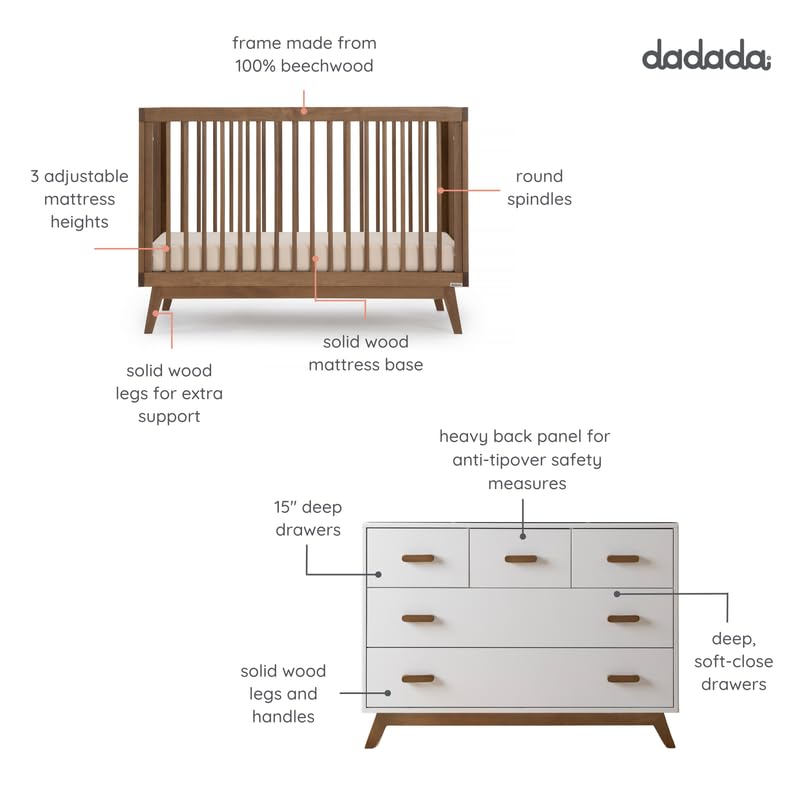 dadada Soho Baby Nursery Furniture Set, Baby Crib and Dresser Combo, Walnut