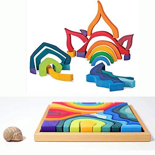 'Four Elements' Rainbow X-Large Rainbow Blocks, Wooden Toys for Kids, Geometric Building Puzzle, Volcano/House Educational Set