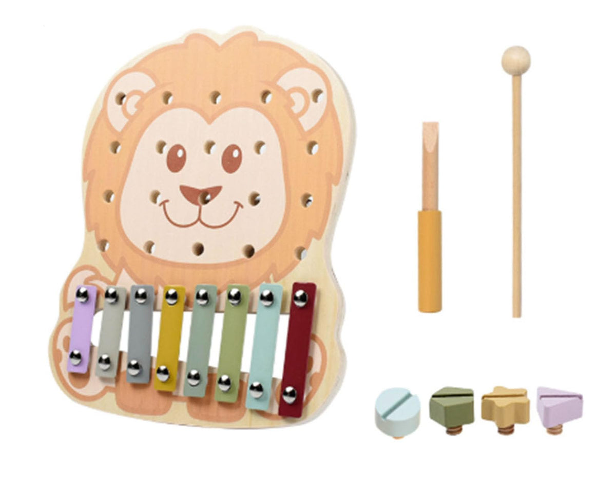 Cartoon Lion Wooden Xylophone & Screw Puzzle Toy, 2-in-1 Fine Motor Skill Board with Mallet