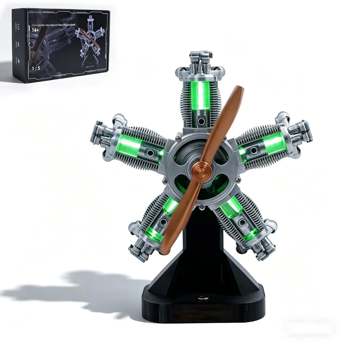 5-Cylinder Radial Engine Building Set with LED Light, Build Your Own Mini Military Plane Jet Engine Model Kit that Runs, STEM Toy Gifts for Adults & Teens 14+