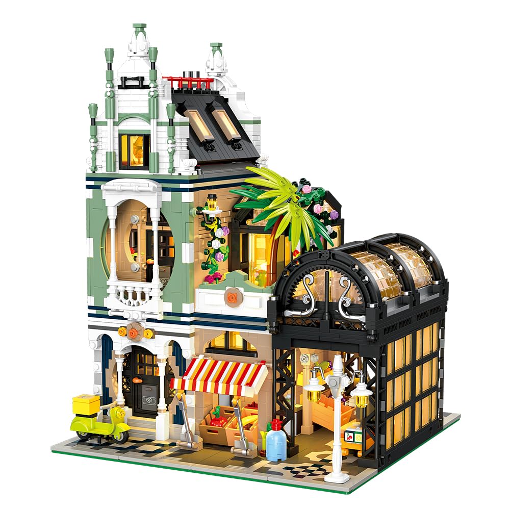Garden Shop Building Block Kit, City Street Scene Series Study Room, Apartment Three-Story House Model Toy, Modular Building Collection Display Gift
