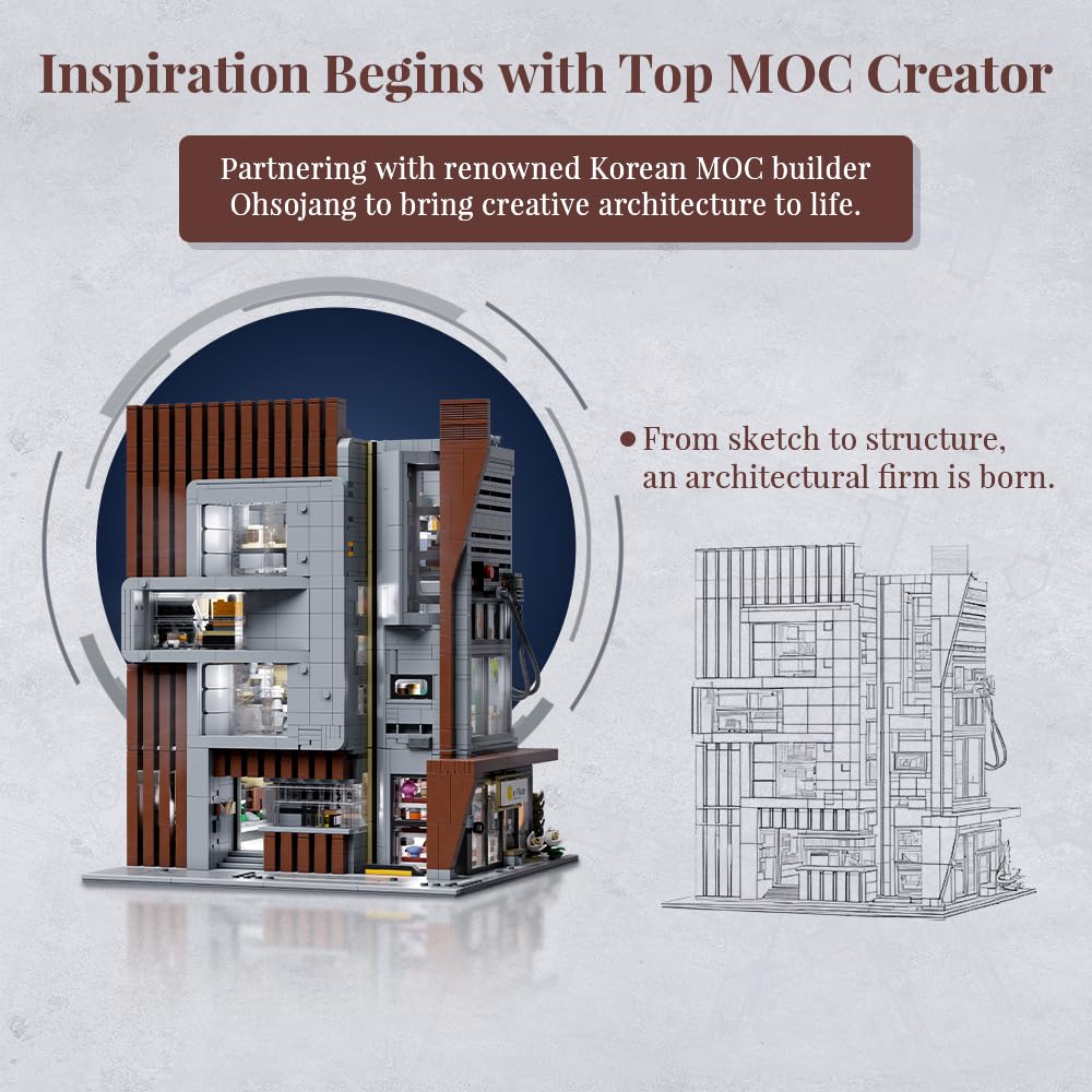 Architecture Studio and Toy Shop Modular Building Set, 3 Story Modern Office with LED Lighting and European Castle Style Toy Store, Urban Street Scene Brick Model with Minifigures