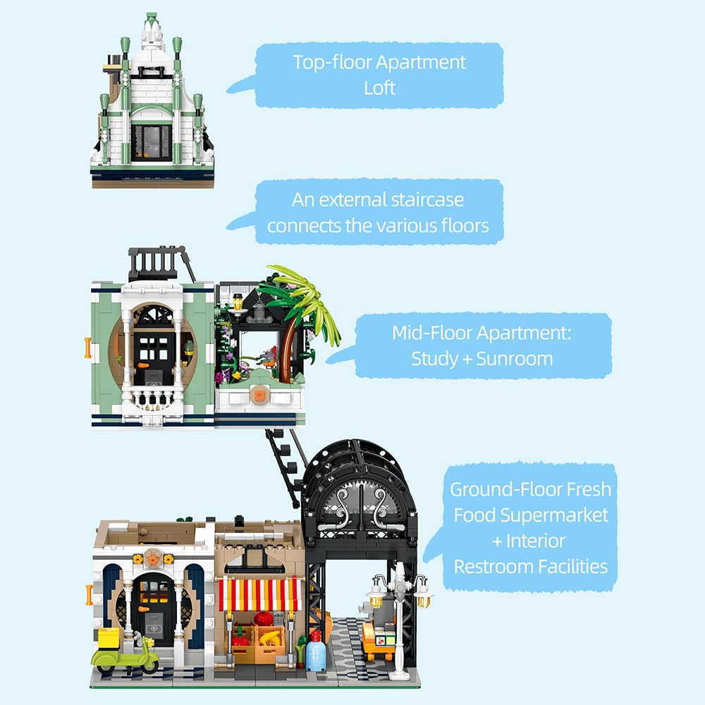 Garden Shop Building Block Kit, City Street Scene Series Study Room, Apartment Three-Story House Model Toy, Modular Building Collection Display Gift
