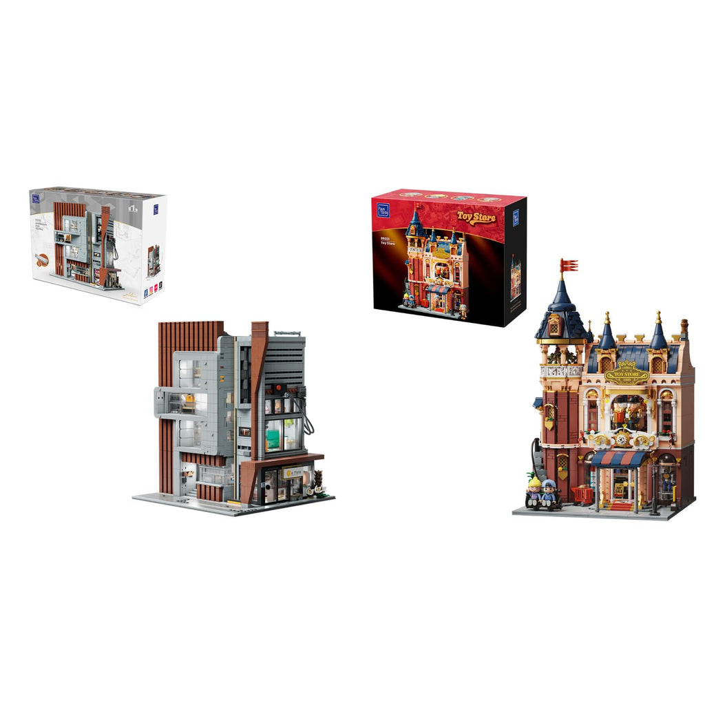 Architecture Studio and Toy Shop Modular Building Set, 3 Story Modern Office with LED Lighting and European Castle Style Toy Store, Urban Street Scene Brick Model with Minifigures