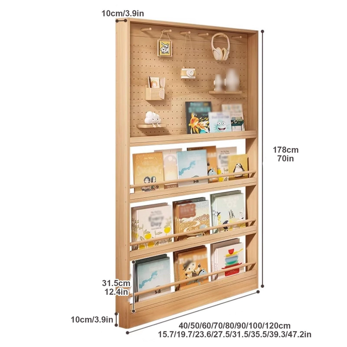 Gtzly Toddler Bookshelf, 4-Tier Kids Bookshelves with Pegboards for Wall Display in Bedroom Study Room Playrooms Nursery for Infants Baby Young Children(Size:120 * 10 * 178cm/47.2 * 3.9 * 70in)