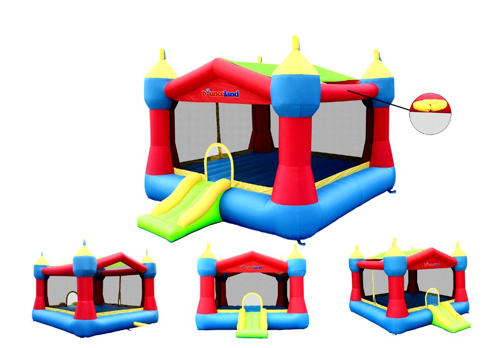 Bounceland Inflatable Party Castle Bounce House Bouncer, 16 ft L x 13 ft W x 10.3 ft H, Basketball Hoop, Removable Sun Roof, UL Strong Blower included, Fun Slide and Bounce Area, Castle Theme for Kids