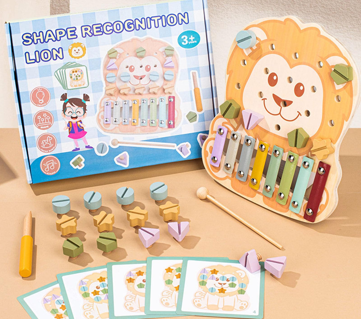 Cartoon Lion Wooden Xylophone & Screw Puzzle Toy, 2-in-1 Fine Motor Skill Board with Mallet
