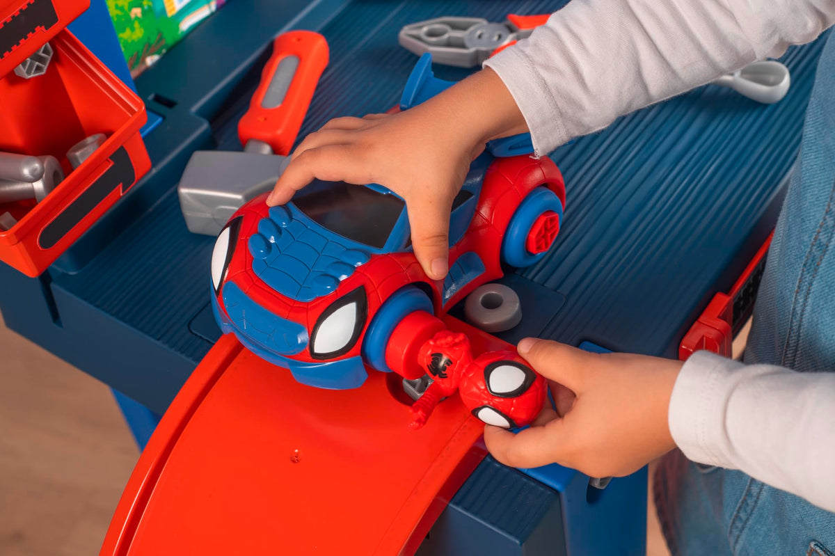 Smoby 7600360729 Workbench DIY Center Spidey, Launch Ramp and Tools, Build Your Spidey Car, 90 Accessories, Toys Boys Girls 3 Years
