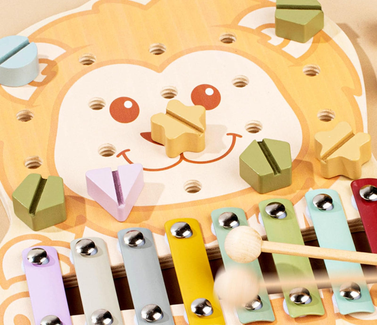 Cartoon Lion Wooden Xylophone & Screw Puzzle Toy, 2-in-1 Fine Motor Skill Board with Mallet