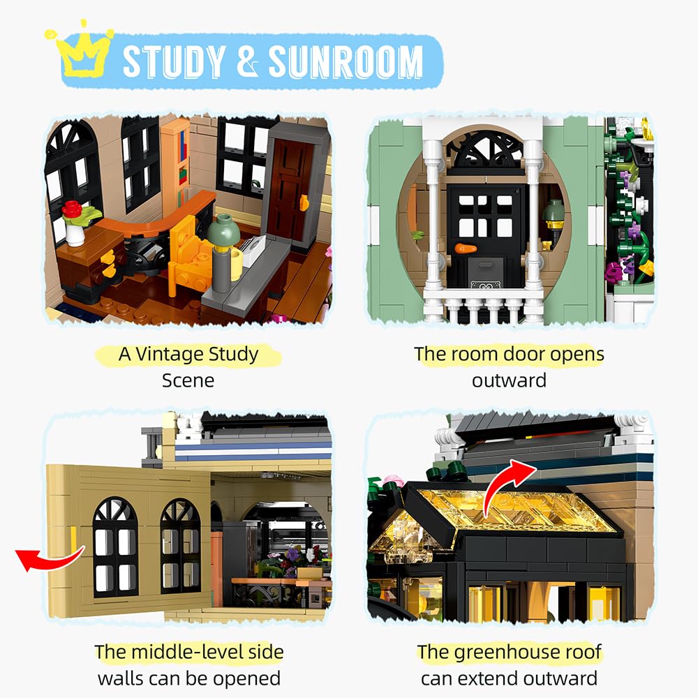 Garden Shop Building Block Kit, City Street Scene Series Study Room, Apartment Three-Story House Model Toy, Modular Building Collection Display Gift