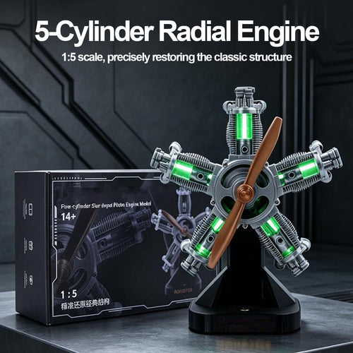 5-Cylinder Radial Engine Building Set with LED Light, Build Your Own Mini Military Plane Jet Engine Model Kit that Runs, STEM Toy Gifts for Adults & Teens 14+