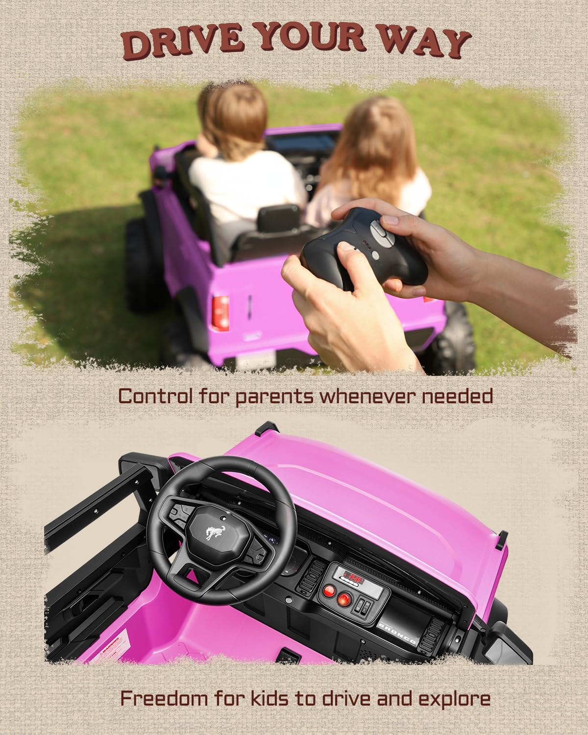 First Ride On 24V Ride on Toys for Big Kids, Licensed Ford Bronco Base 2 Seater Electric Car with Remote Control, Ride on Truck w/Seat Belts, 3 Speeds, Spring Suspension and Bluetooth (Pink)