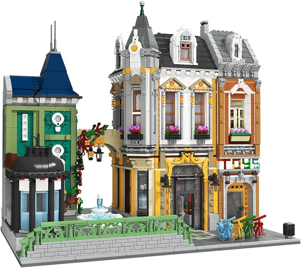 General Jim's Toy Store Square Two-Story Building Blocks Set – Detailed European-Inspired Modular City Model – Includes Accessories, Sidewalk Features, Interactive Areas & More!
