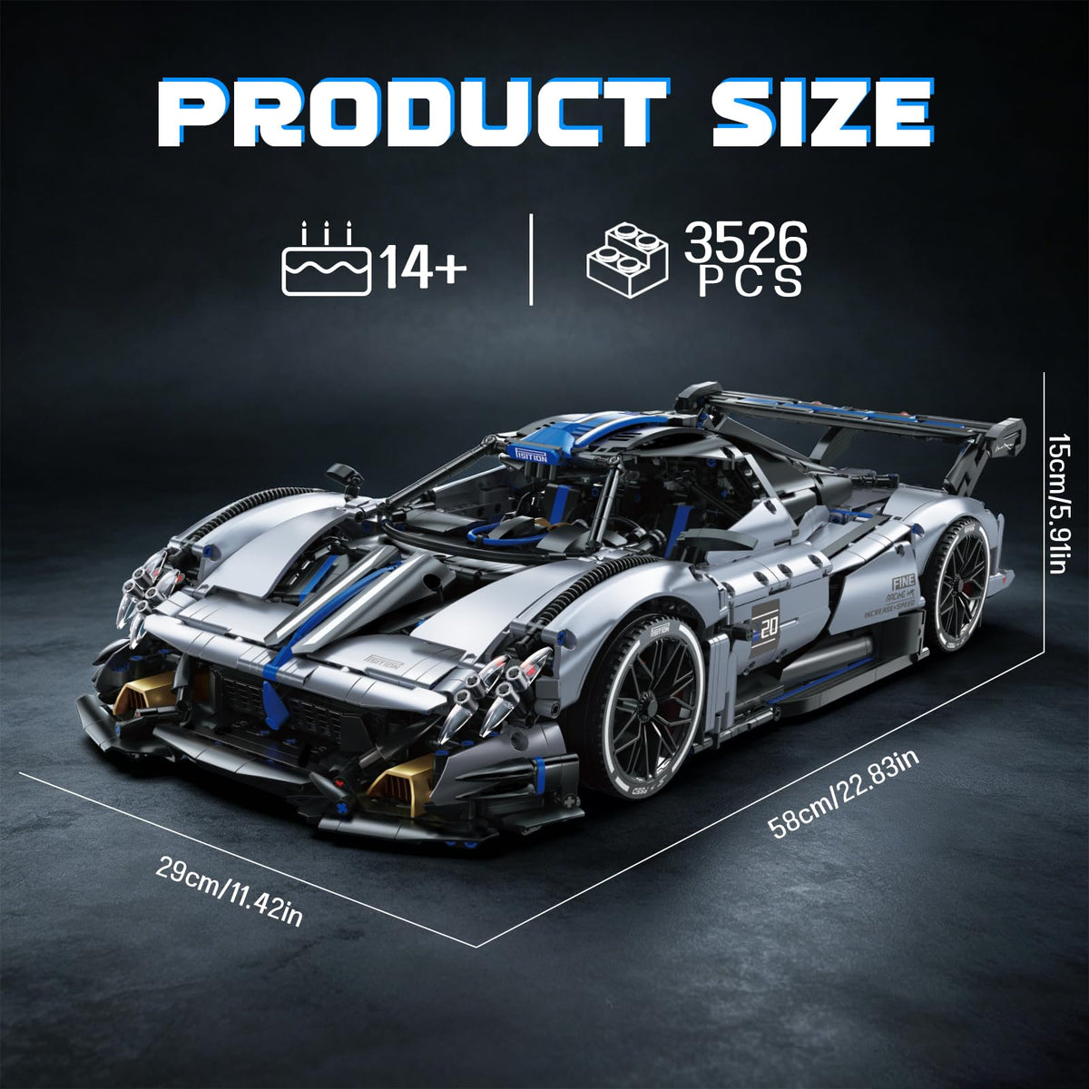 1:8 Supercar Car Building Block Set for Adults, 3526PCS Large Size Sports Construction Sets 23Inch Technical Racing Car Model Kit Toy for Boys&Car Enthusiasts