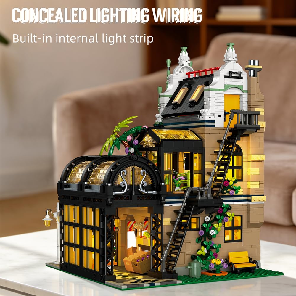 Garden Shop Building Block Kit, City Street Scene Series Study Room, Apartment Three-Story House Model Toy, Modular Building Collection Display Gift