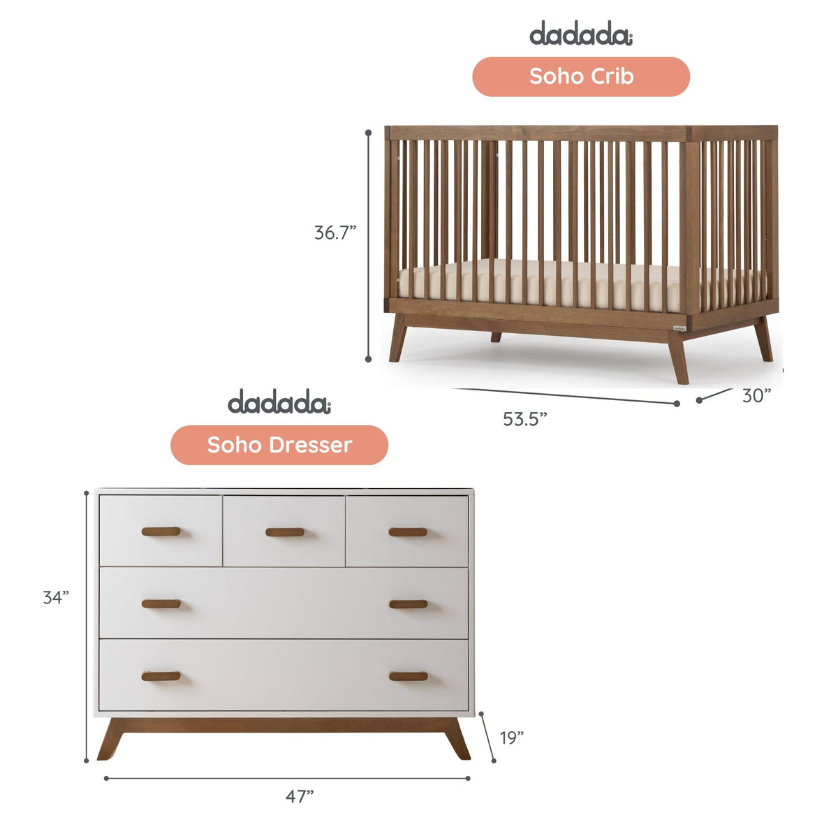 dadada Soho Baby Nursery Furniture Set, Baby Crib and Dresser Combo, Walnut