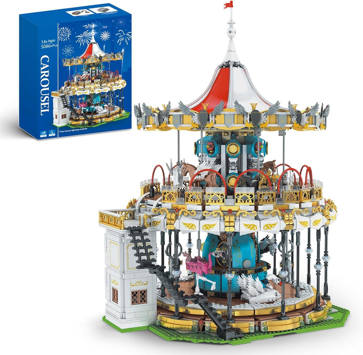 Sosuy Carousel Building Set, Electric Motorized Merry-Go-Round Model, Amusement Park Toy for Boy Girl Teen, Birthday Gifts for Adult Kid Ages 6 7 8 9+, City Construction Theme Collection 5086pcs
