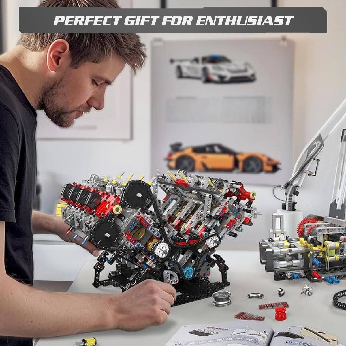 Voltz Toys DIY Mini Engine Model Kit V8 Engine Version– 2718-Piece STEM Building Set for Teens & Adults, Functional Project and Educational Hobby Gift (3.9L V8 Engine)