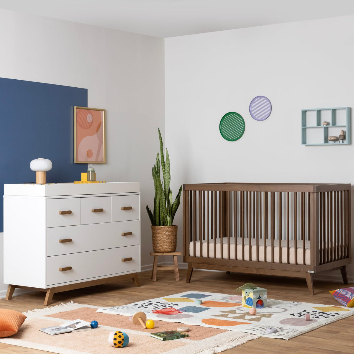 dadada Soho Baby Nursery Furniture Set, Baby Crib and Dresser Combo, Walnut