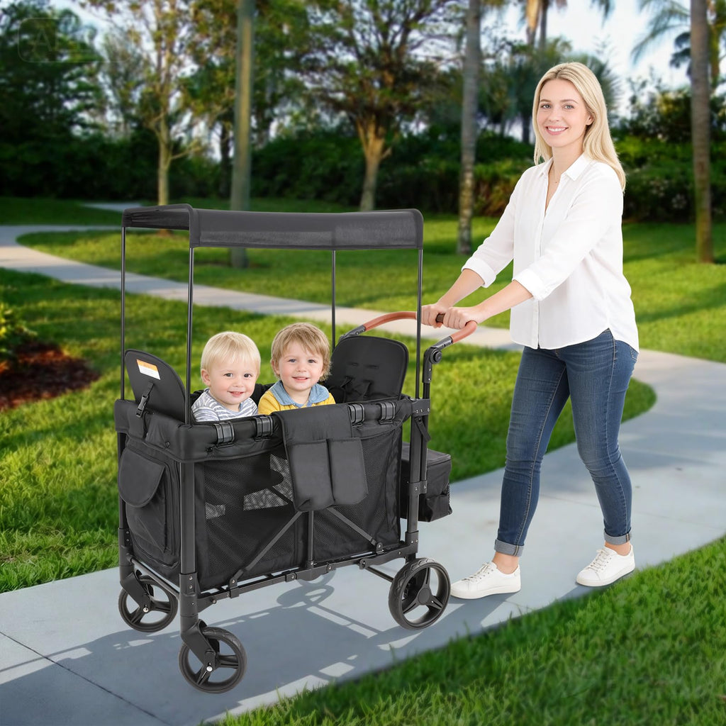 2-Seat Wagon Stroller Kid Wagon with Canopy & 220lbs Black atroller