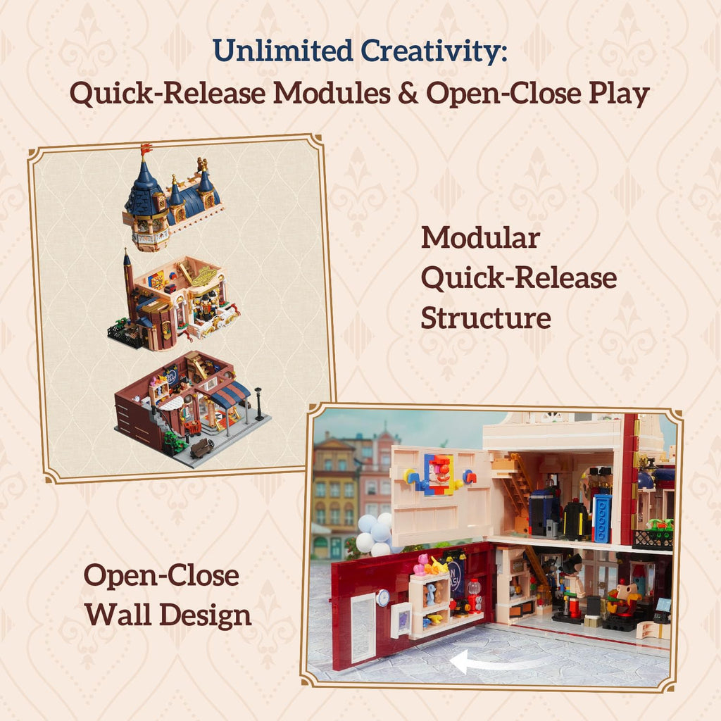 Architecture Studio and Toy Shop Modular Building Set, 3 Story Modern Office with LED Lighting and European Castle Style Toy Store, Urban Street Scene Brick Model with Minifigures
