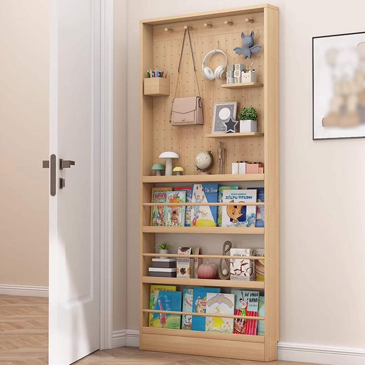 Gtzly Toddler Bookshelf, 4-Tier Kids Bookshelves with Pegboards for Wall Display in Bedroom Study Room Playrooms Nursery for Infants Baby Young Children(Size:120 * 10 * 178cm/47.2 * 3.9 * 70in)