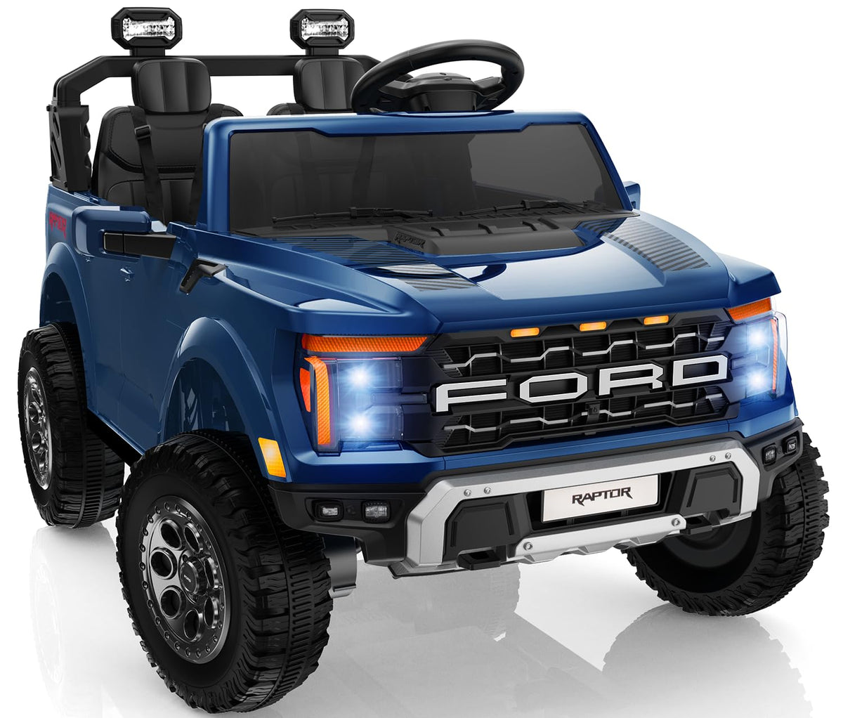 First Ride On Licensed Ford F-150 Raptor 2 Seater Ride on Car for Kids, 24 Volt Ride on Toys for Boys w/Remote Control, Kids Electric Car w/LED Lights, Bluetooth, Truck Bed Storage, Soft Start (Blue)