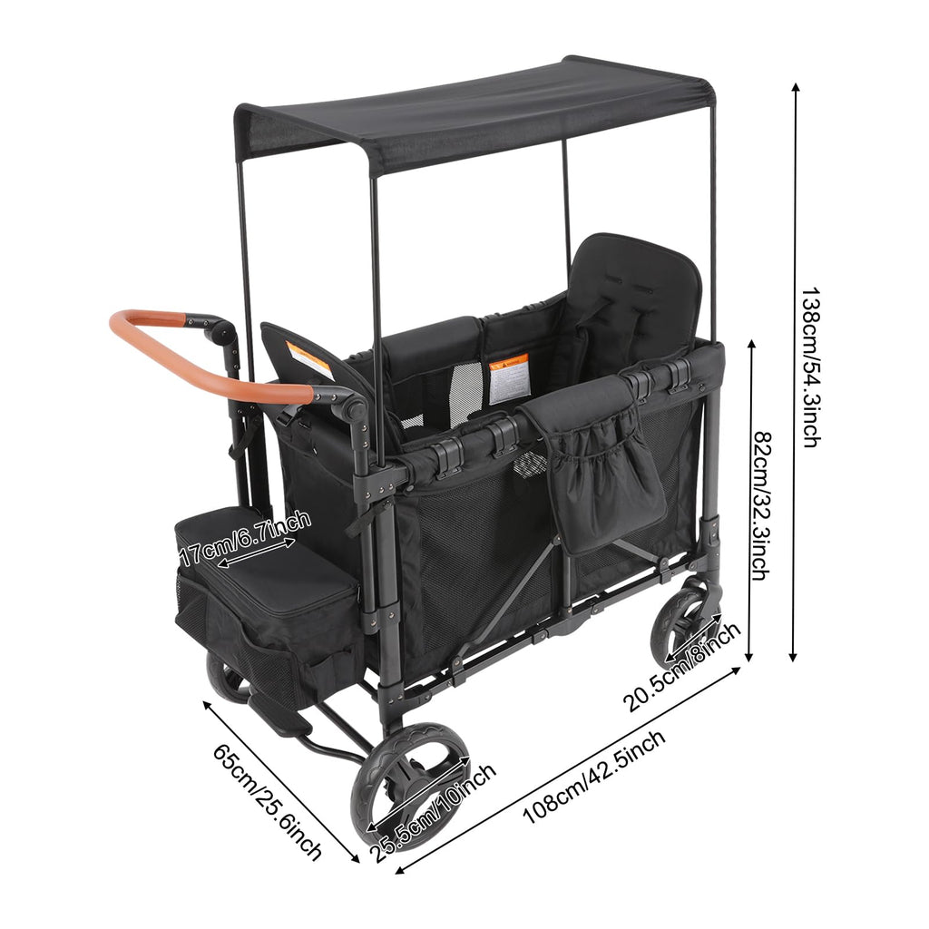 2-Seat Wagon Stroller Kid Wagon with Canopy & 220lbs Black atroller