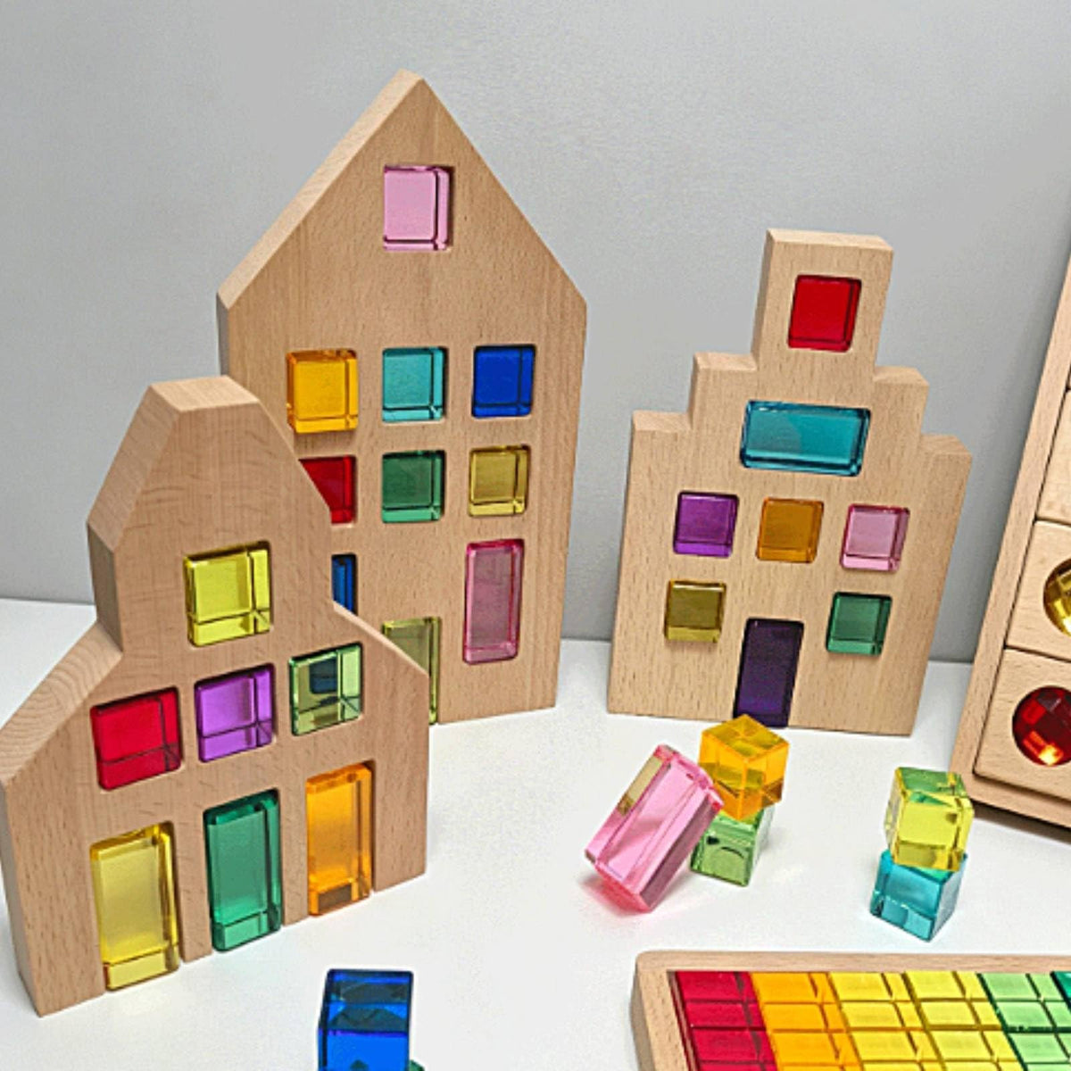 Children Building Blocks Open Ended Wooden Building Toy with Solid Beech Wood Parts for Hands on Exploration and Pattern Making at Home or Classroom, Style D