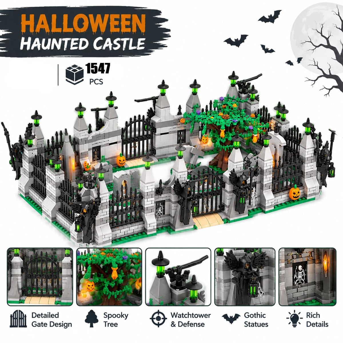 Halloween Haunted Castle Building Blocks Set, 1547 PCS Spooky Castle Model Kit with Gate, Watchtower, Spooky Tree, Pumpkin & Skeleton Details, Modular Architecture Building Toy