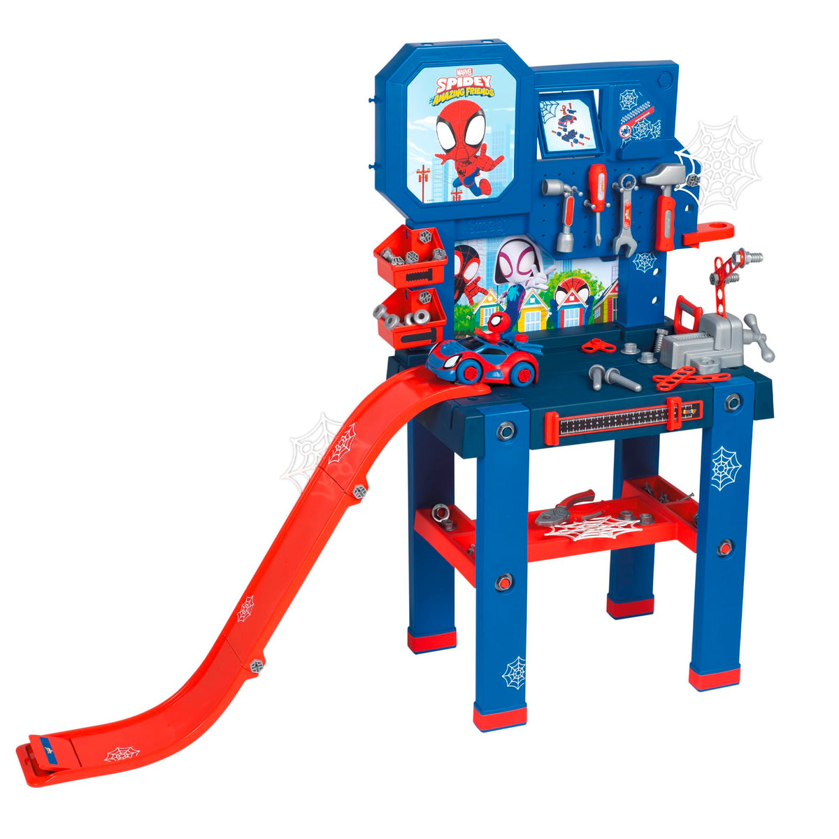 Smoby 7600360729 Workbench DIY Center Spidey, Launch Ramp and Tools, Build Your Spidey Car, 90 Accessories, Toys Boys Girls 3 Years