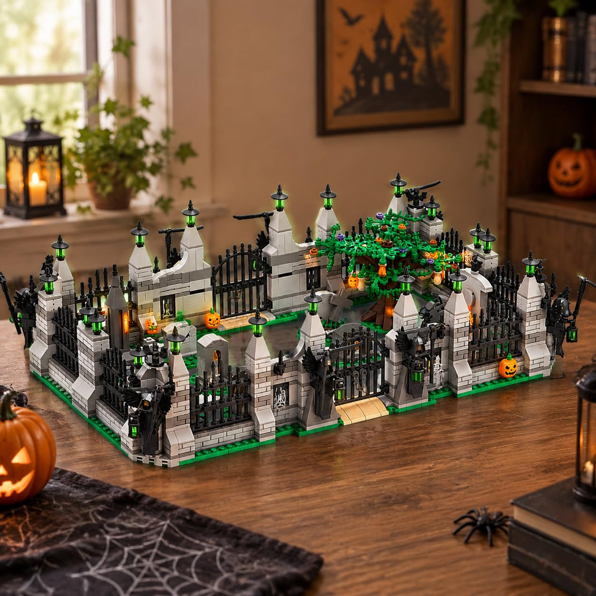 Halloween Haunted Castle Building Blocks Set, 1547 PCS Spooky Castle Model Kit with Gate, Watchtower, Spooky Tree, Pumpkin & Skeleton Details, Modular Architecture Building Toy