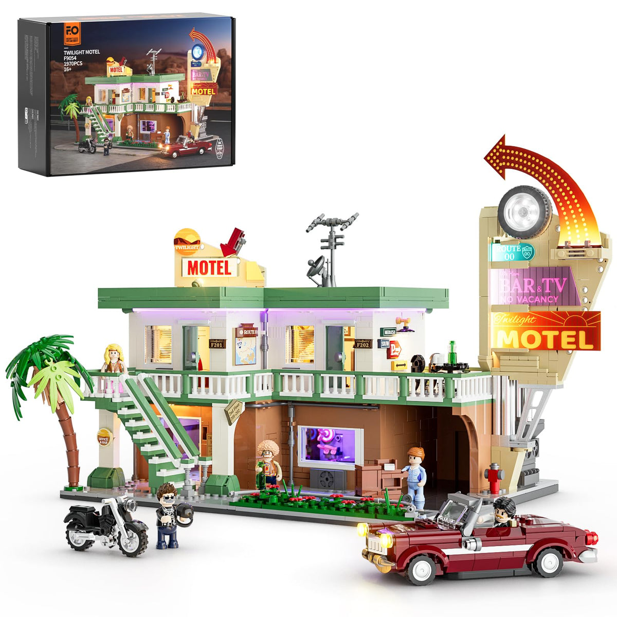 FUNWHOLE Car-Hotel Lighting Building-Bricks Set, 1970 Pcs Modular Building