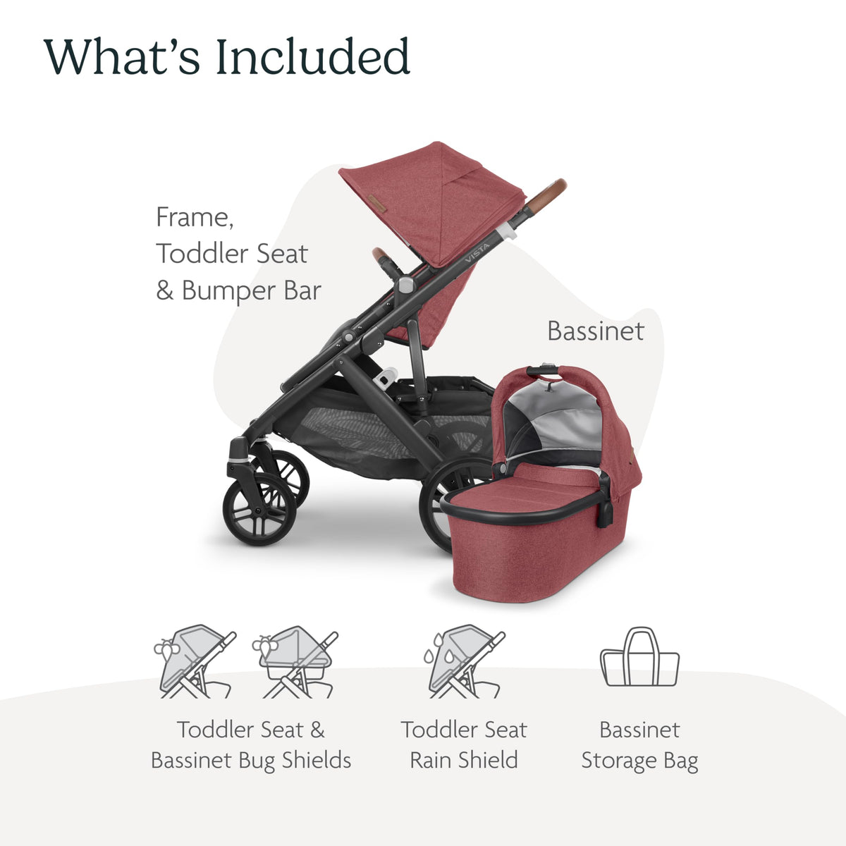 UPPAbaby Vista V2 Stroller/Convertible Single-to-Double System/Bassinet, Toddler Seat, Bug Shield, Rain Shield, and Storage Bag Included/Lucy (Rosewood Mélange/Carbon Frame/Saddle Leather)