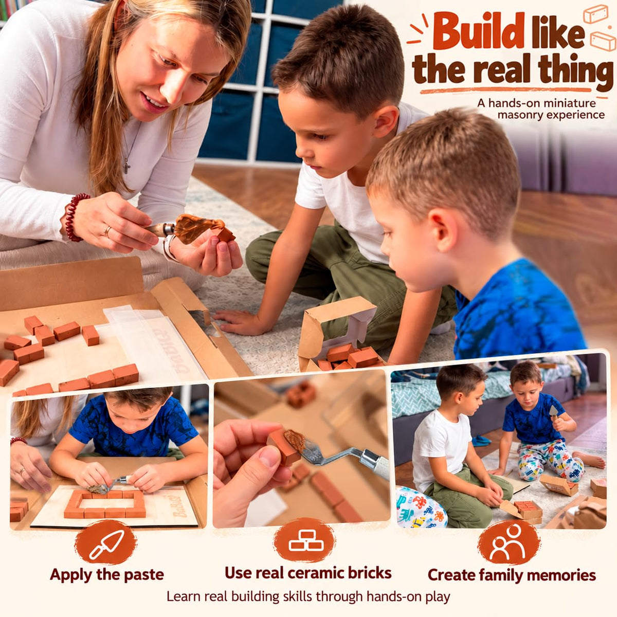 Traditional Hearth Oven Brick Building Kit – Real Miniature Masonry Set with Clay Bricks, Mortar Mix, Trowel and Spirit Level – STEM Construction Toy for Kids 4+ and Families