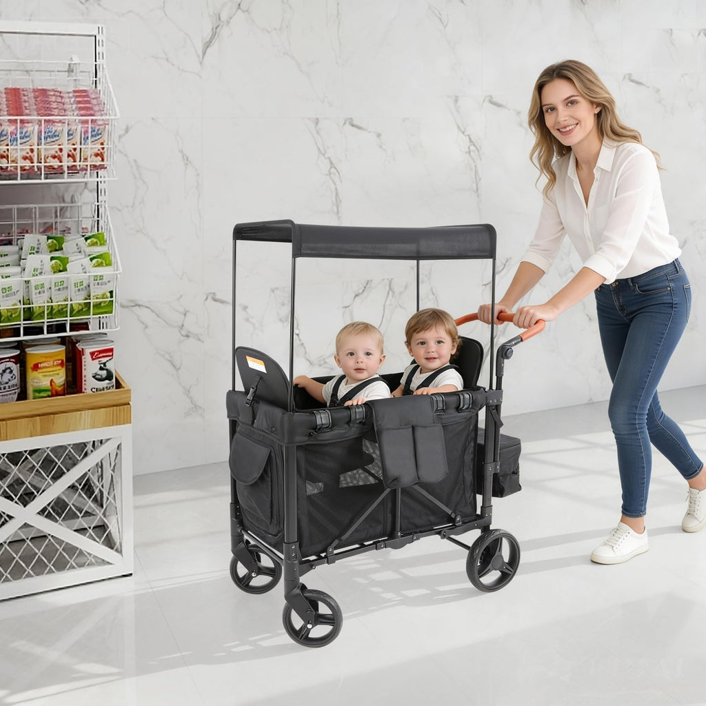 2-Seat Wagon Stroller Kid Wagon with Canopy & 220lbs Black atroller