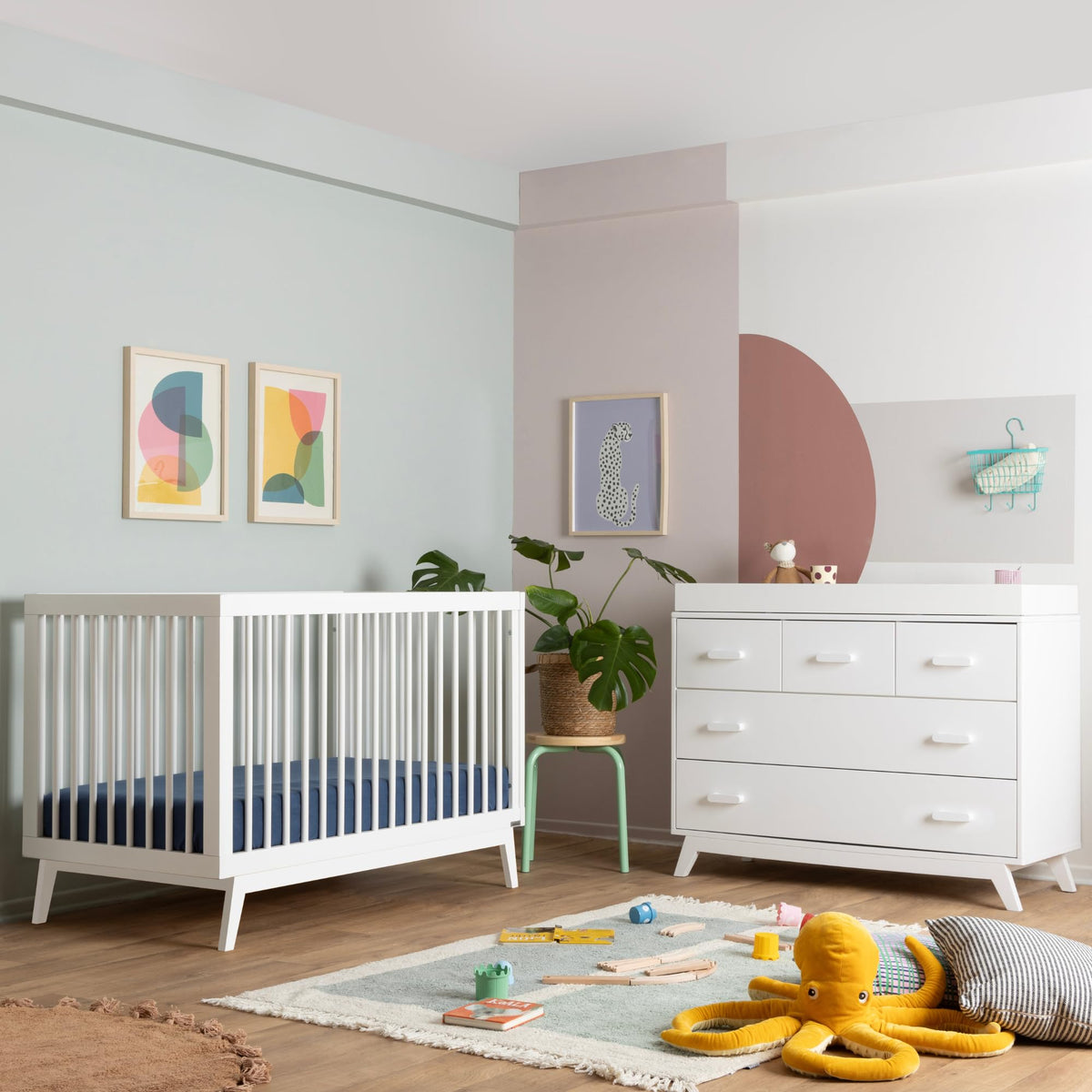 dadada Soho Baby Nursery Furniture Set, Baby Crib and Dresser Combo, Walnut