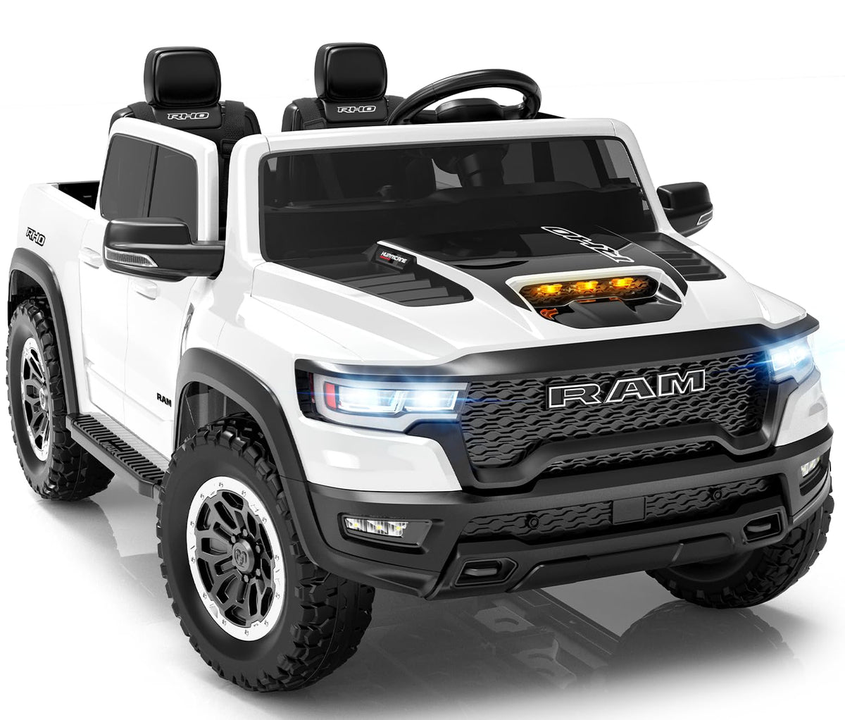 First Ride On 2 Seater Electric Car for Kids, Licensed RAM 1500 RHO 24V Ride on Truck w/Remote Control, Kids Ride on Toys w/Bluetooth, LED Lights, Spacious Truck Bed, Gear Shifter