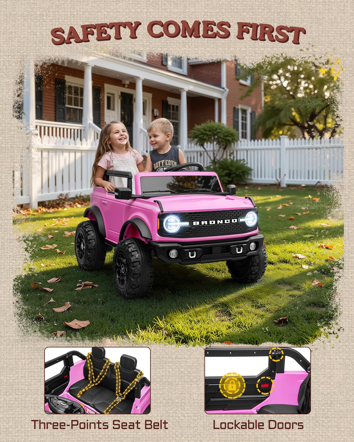 First Ride On 24V Ride on Toys for Big Kids, Licensed Ford Bronco Base 2 Seater Electric Car with Remote Control, Ride on Truck w/Seat Belts, 3 Speeds, Spring Suspension and Bluetooth (Pink)