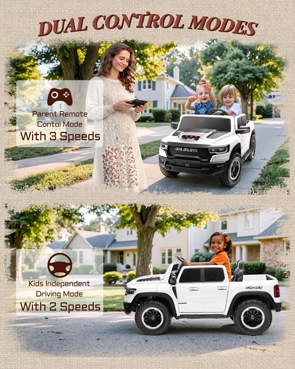 First Ride On 2 Seater Electric Car for Kids, Licensed RAM 1500 RHO 24V Ride on Truck w/Remote Control, Kids Ride on Toys w/Bluetooth, LED Lights, Spacious Truck Bed, Gear Shifter