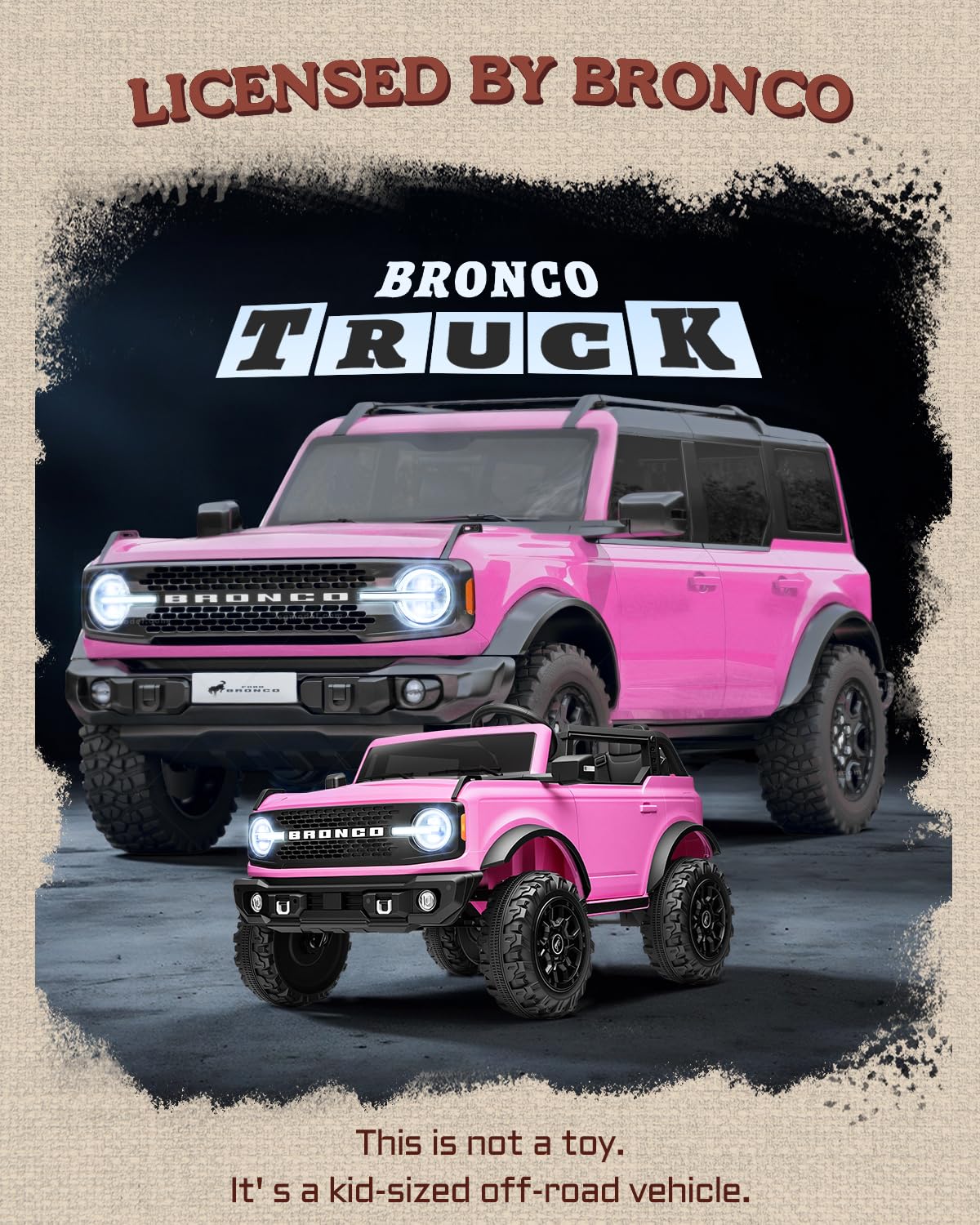First Ride On 24V Ride on Toys for Big Kids, Licensed Ford Bronco Base 2 Seater Electric Car with Remote Control, Ride on Truck w/Seat Belts, 3 Speeds, Spring Suspension and Bluetooth (Pink)