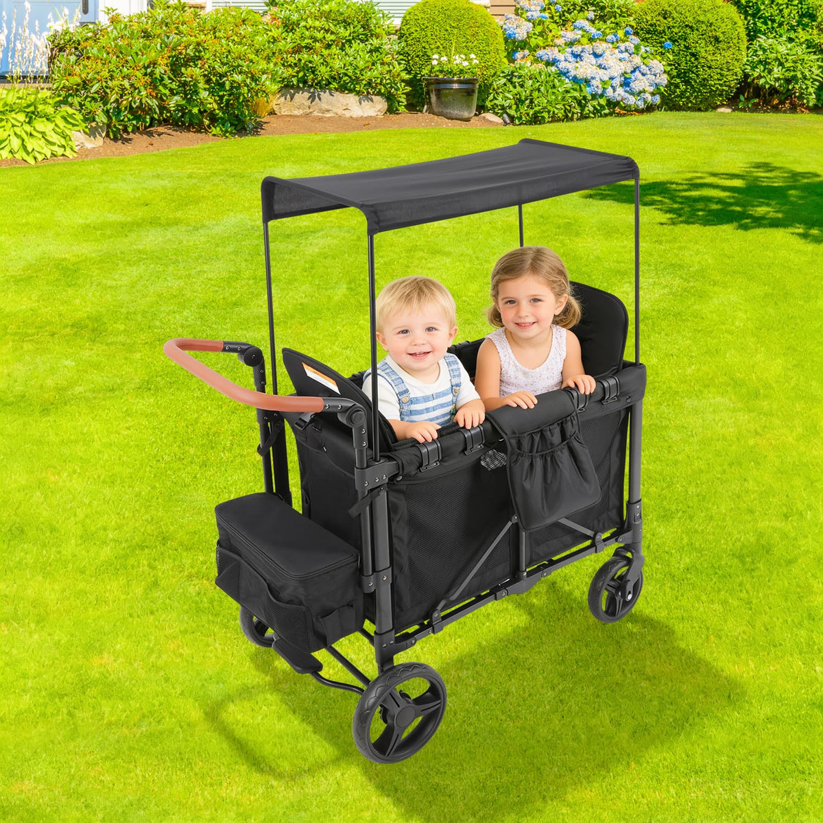 2-Seat Wagon Stroller Kid Wagon with Canopy & 220lbs Black atroller