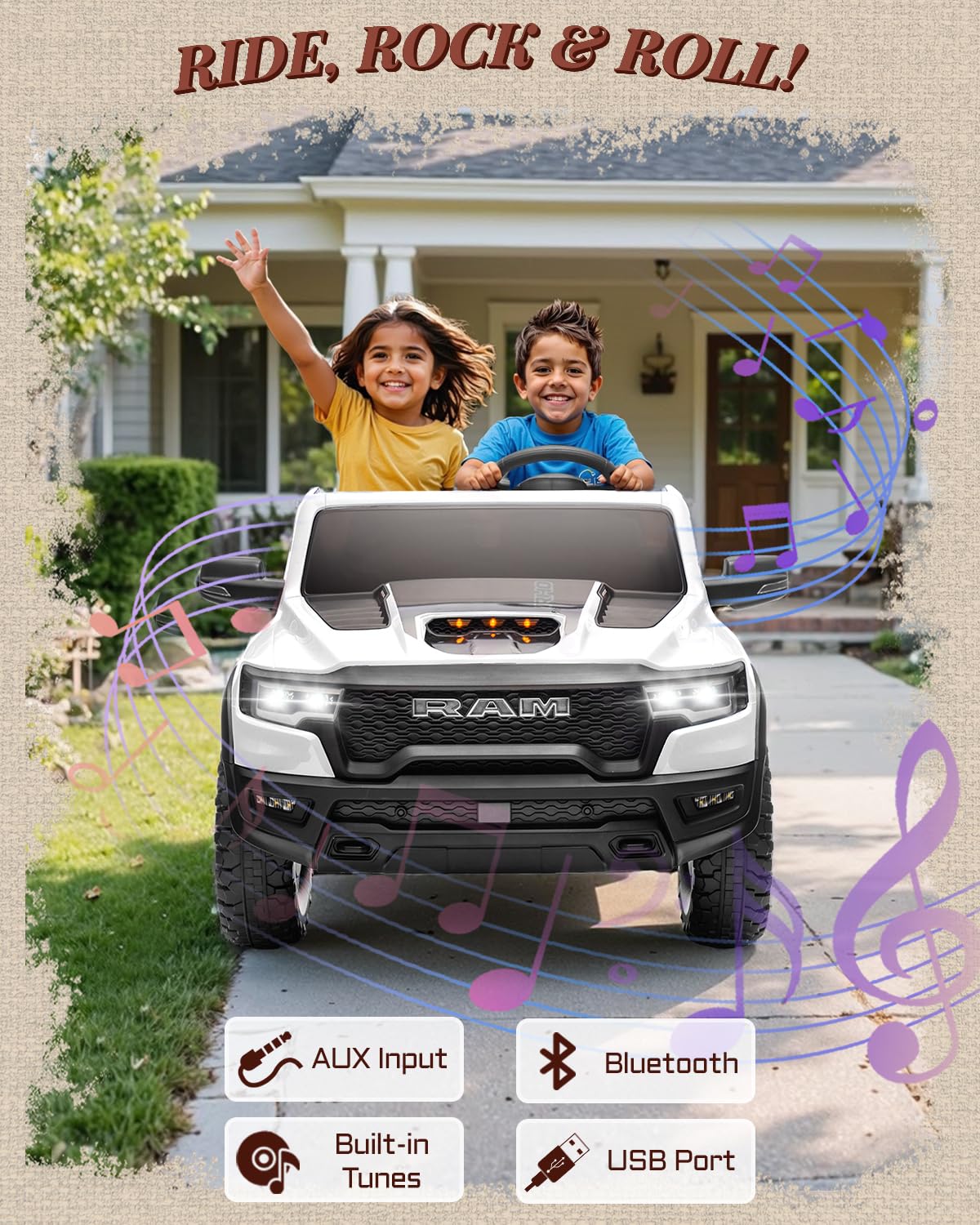 First Ride On 2 Seater Electric Car for Kids, Licensed RAM 1500 RHO 24V Ride on Truck w/Remote Control, Kids Ride on Toys w/Bluetooth, LED Lights, Spacious Truck Bed, Gear Shifter