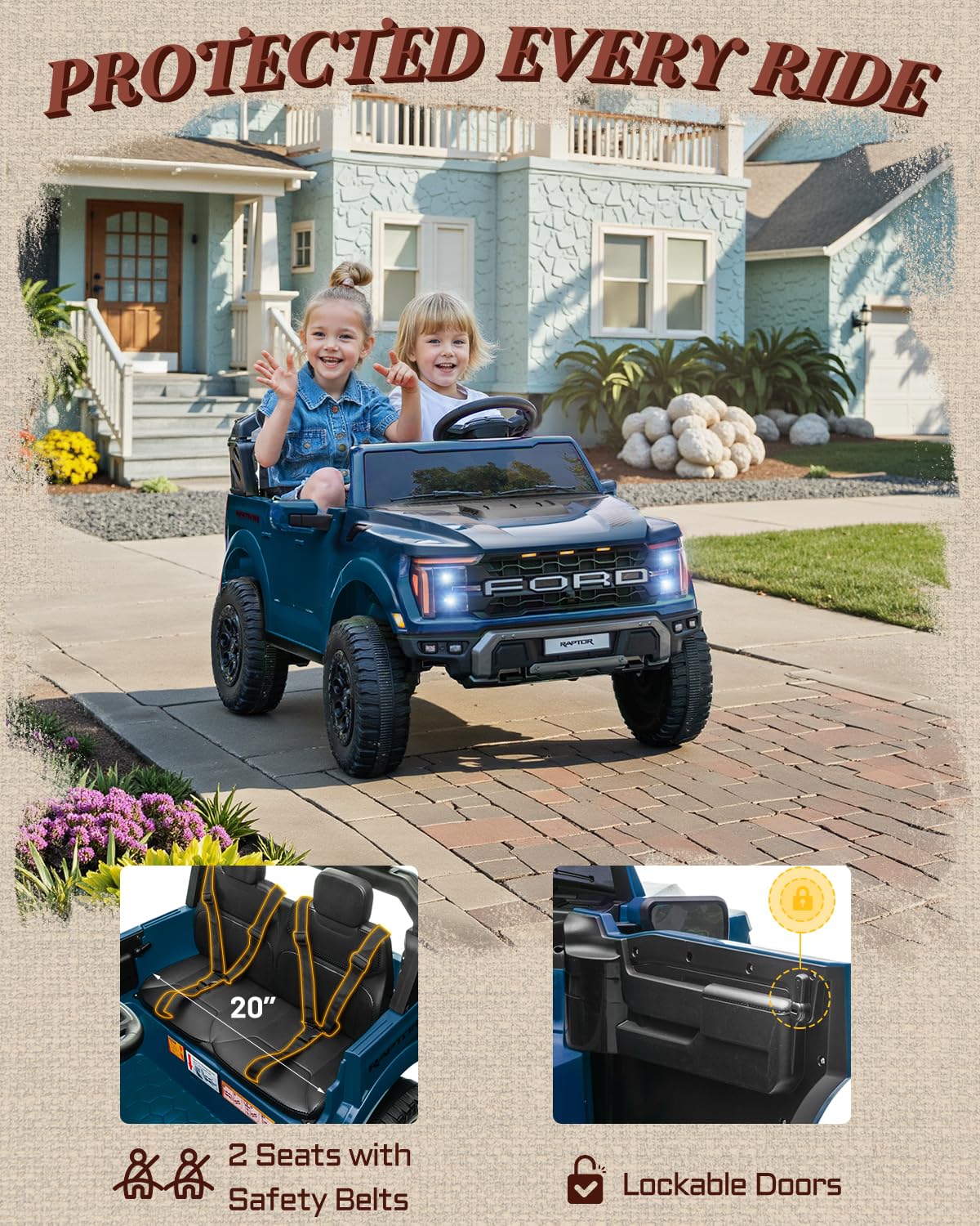 First Ride On Licensed Ford F-150 Raptor 2 Seater Ride on Car for Kids, 24 Volt Ride on Toys for Boys w/Remote Control, Kids Electric Car w/LED Lights, Bluetooth, Truck Bed Storage, Soft Start (Blue)