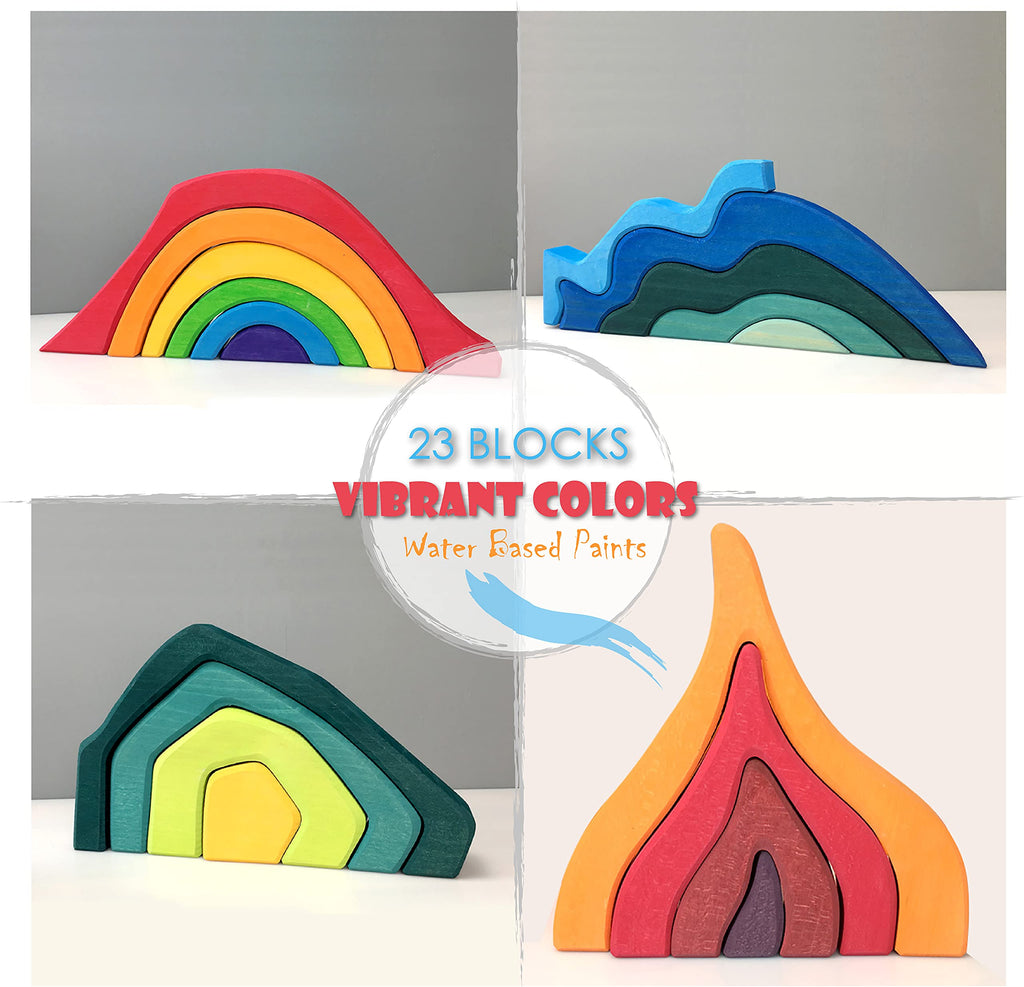 'Four Elements' Rainbow X-Large Rainbow Blocks, Wooden Toys for Kids, Geometric Building Puzzle, Volcano/House Educational Set