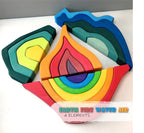 'Four Elements' Rainbow X-Large Rainbow Blocks, Wooden Toys for Kids, Geometric Building Puzzle, Volcano/House Educational Set