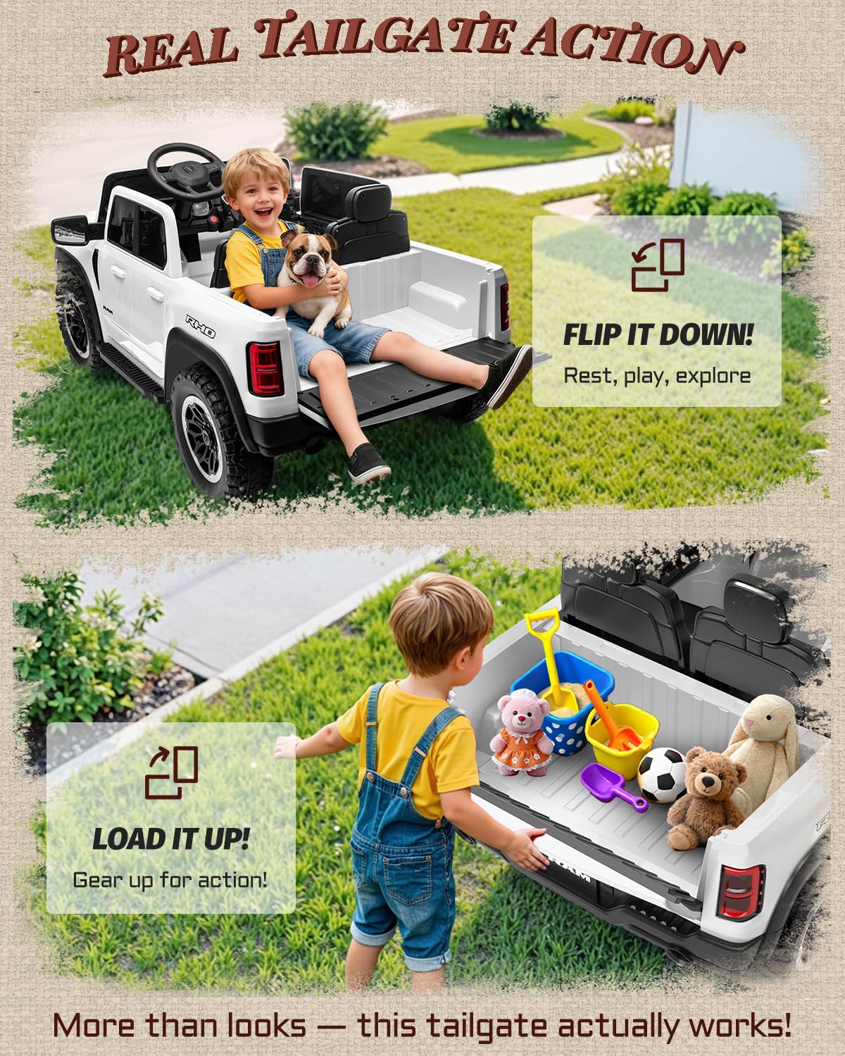 First Ride On 2 Seater Electric Car for Kids, Licensed RAM 1500 RHO 24V Ride on Truck w/Remote Control, Kids Ride on Toys w/Bluetooth, LED Lights, Spacious Truck Bed, Gear Shifter