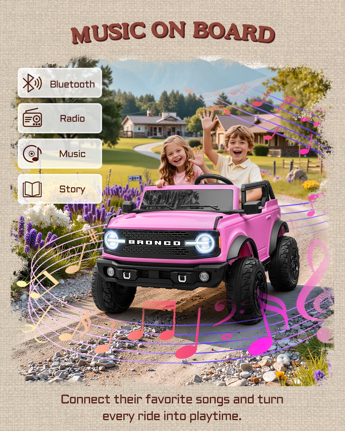 First Ride On 24V Ride on Toys for Big Kids, Licensed Ford Bronco Base 2 Seater Electric Car with Remote Control, Ride on Truck w/Seat Belts, 3 Speeds, Spring Suspension and Bluetooth (Pink)