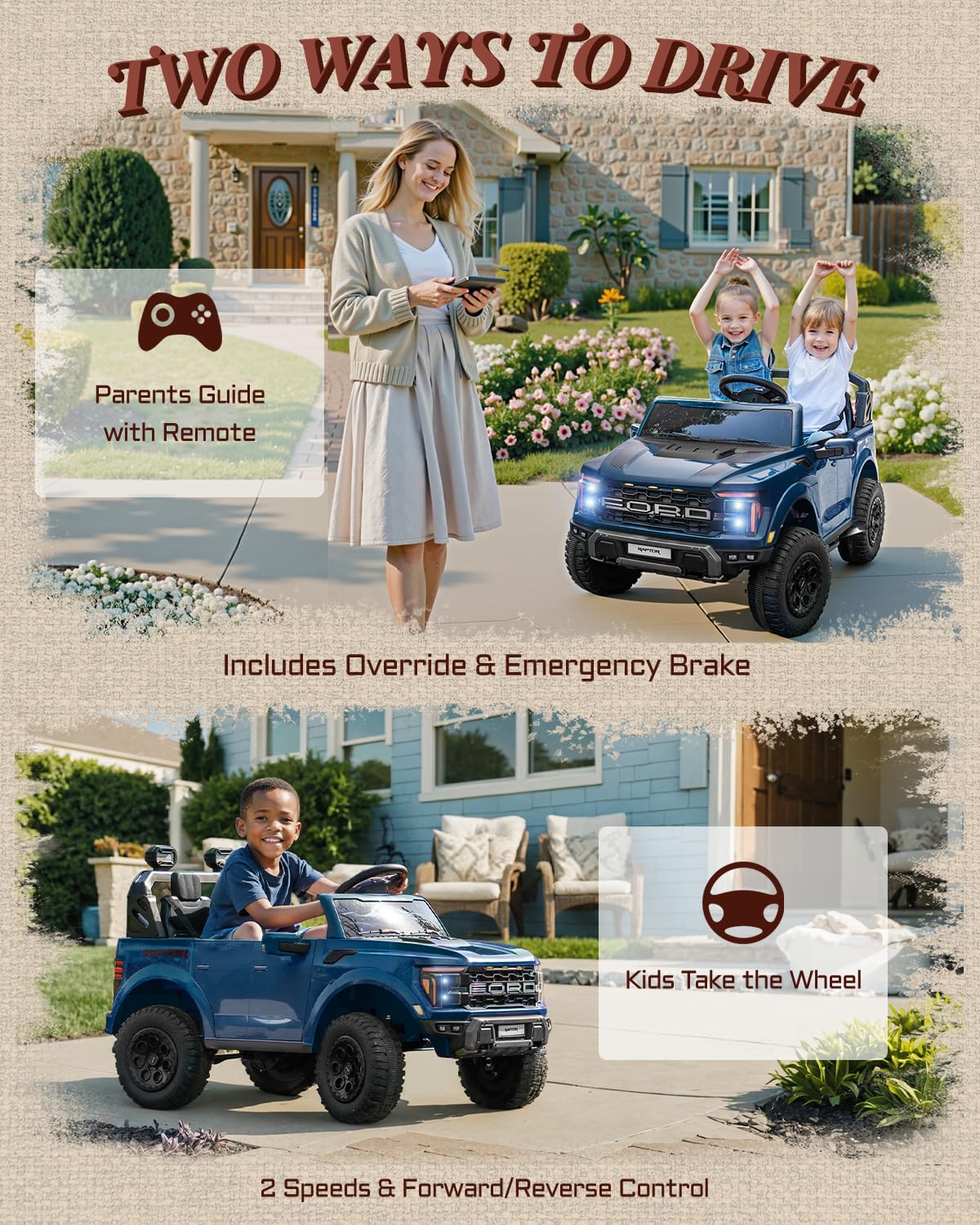 First Ride On Licensed Ford F-150 Raptor 2 Seater Ride on Car for Kids, 24 Volt Ride on Toys for Boys w/Remote Control, Kids Electric Car w/LED Lights, Bluetooth, Truck Bed Storage, Soft Start (Blue)