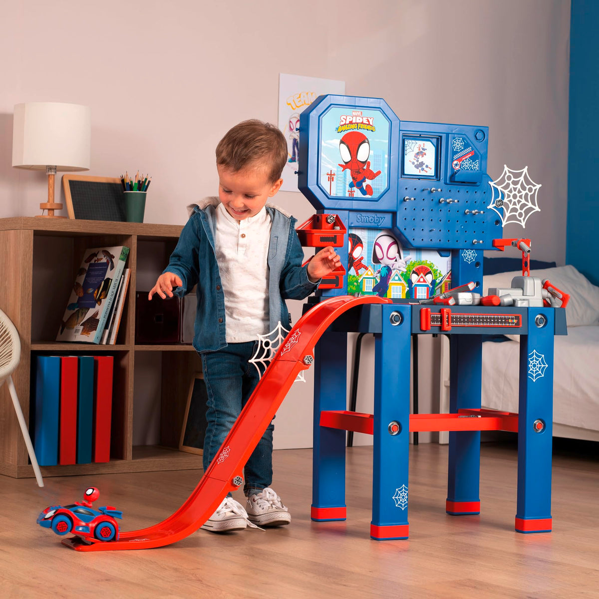 Smoby 7600360729 Workbench DIY Center Spidey, Launch Ramp and Tools, Build Your Spidey Car, 90 Accessories, Toys Boys Girls 3 Years